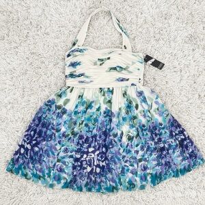 NWT Adrianna Papell Evening Chiffon Aqua Green White Halter Dress Mini Size 14